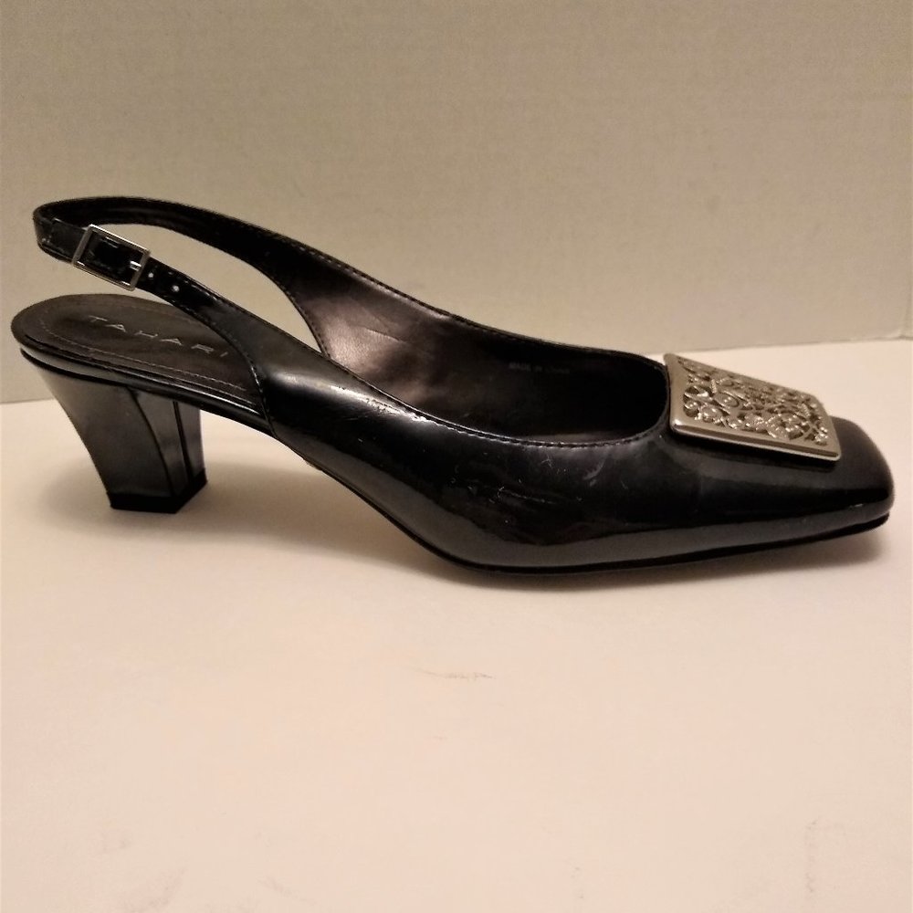 Tahari Black Leather Slingback Block Heels